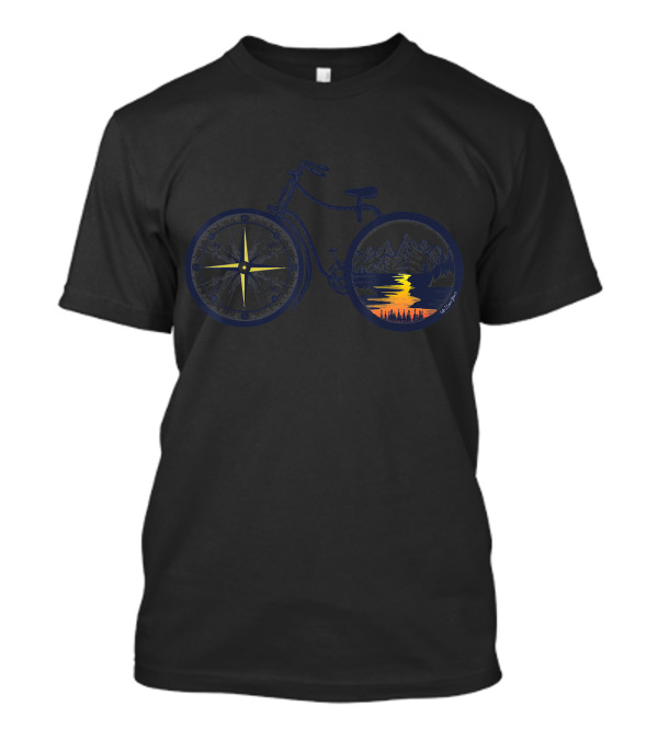 Retro Bike With Compass Wheel And Scenic Mountain Sunset T-Shirt