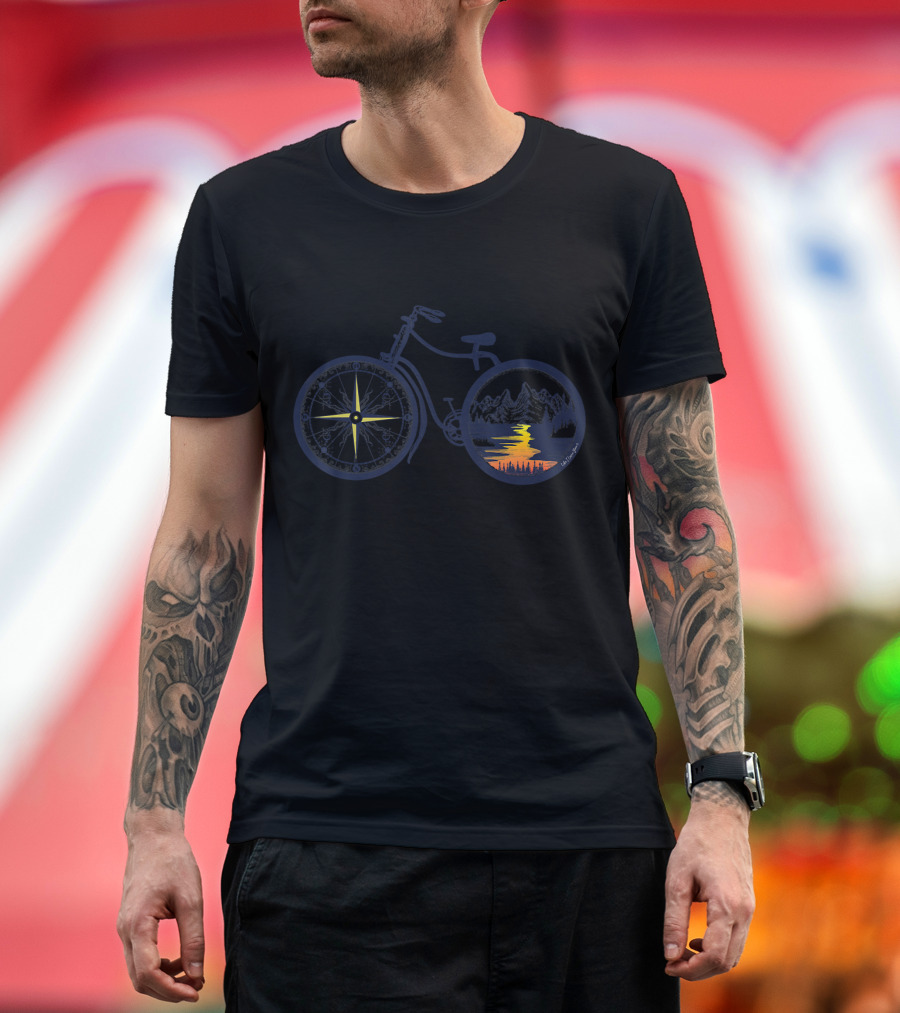 Retro Bike with Compass Wheel and Scenic Mountain Sunset T-Shirt