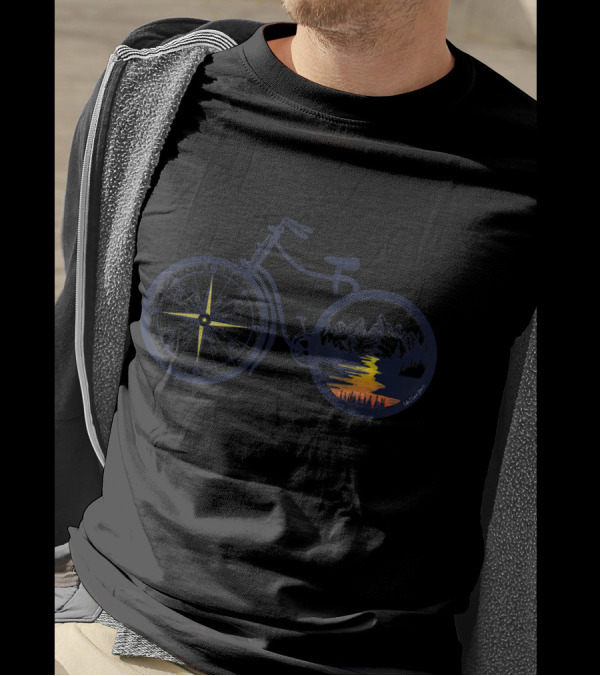 Retro Bike With Compass Wheel And Scenic Mountain Sunset T-Shirt