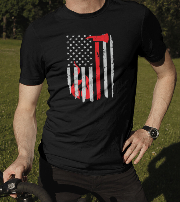 Firefighter Axe American Flag Thin Red Line USA Fire T-Shirt