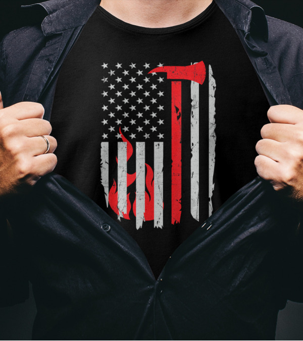 Firefighter Axe American Flag Thin Red Line USA Fire T-Shirt