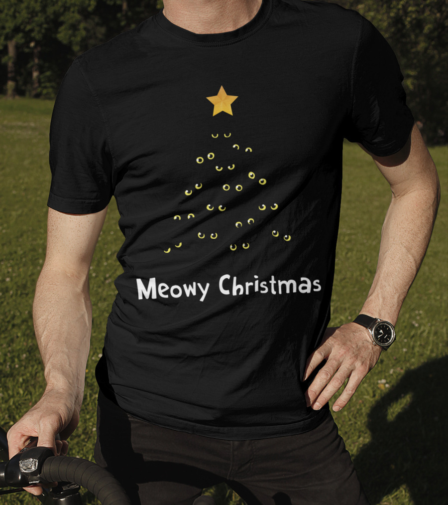 Meowy Christmas Cat Tree With Yellow Eyes And Star Topper T-Shirt