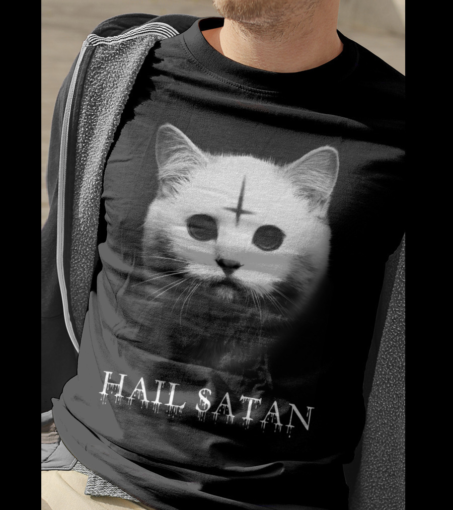 Hail Satan Cat With Inverted Cross T-Shirt