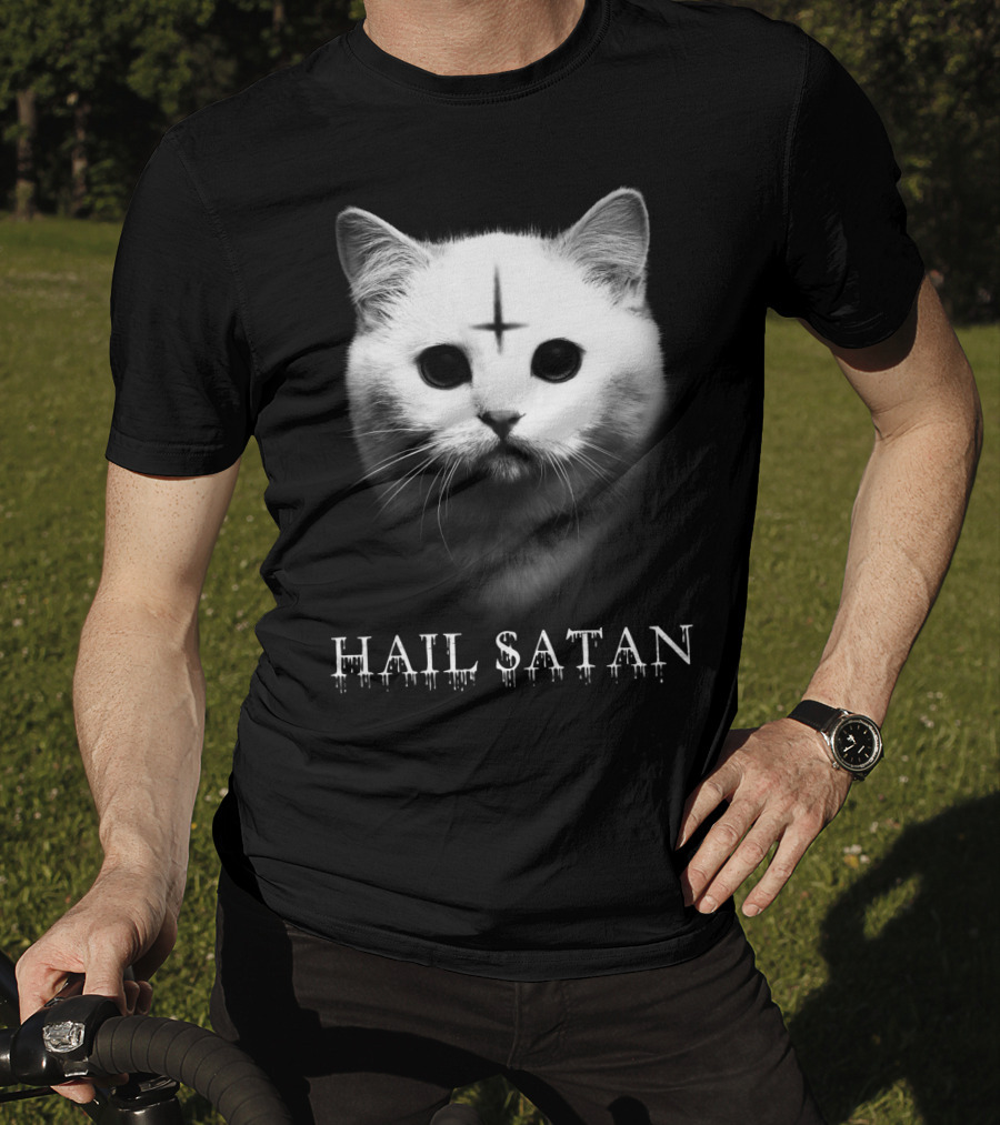 Hail Satan Cat With Inverted Cross T-Shirt