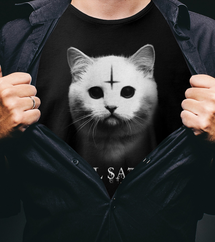 Hail Satan Cat With Inverted Cross T-Shirt