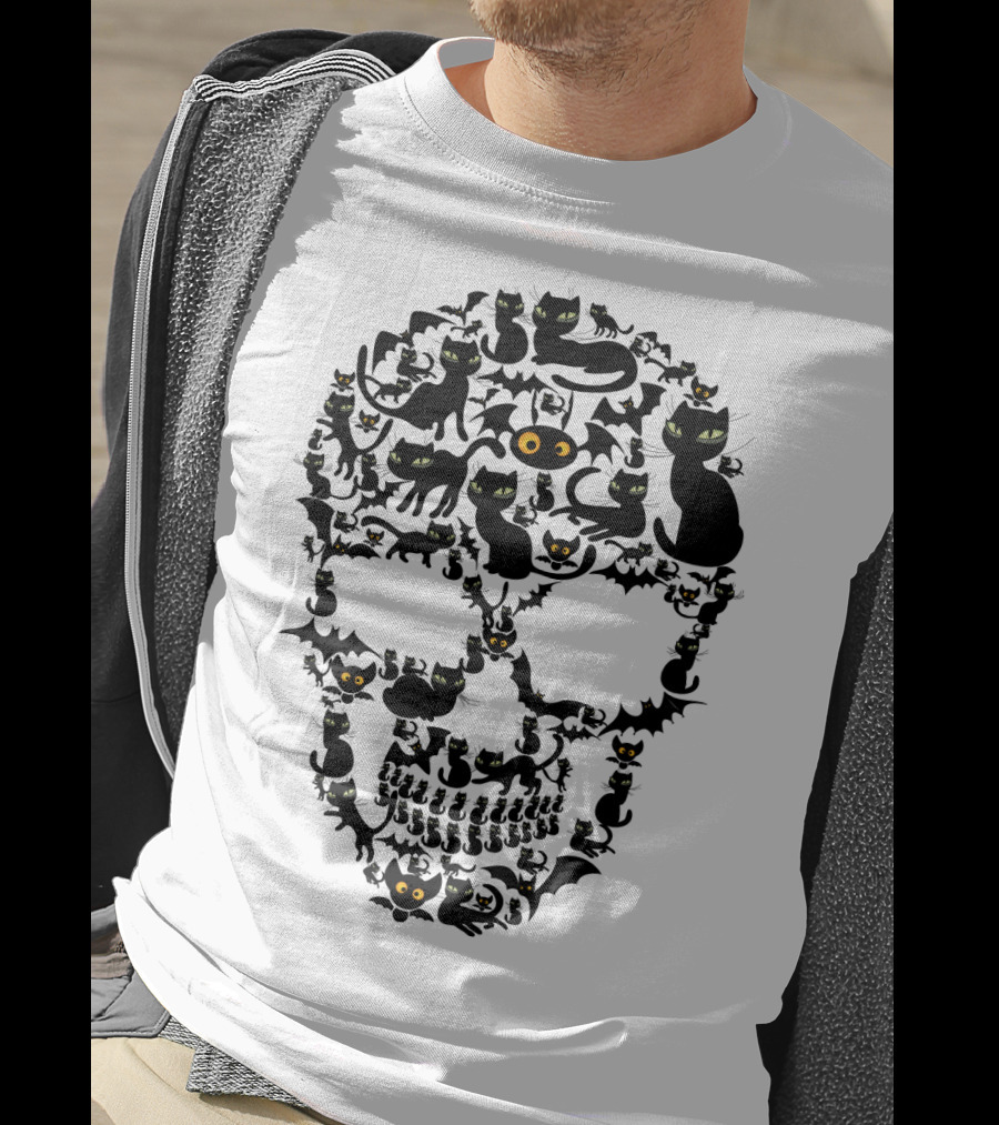 Cat Skull Halloween Black Cats And Bats T-Shirt