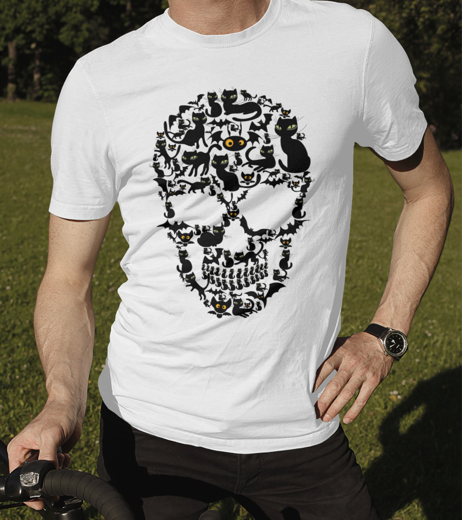 Cat Skull Halloween Black Cats And Bats T-Shirt