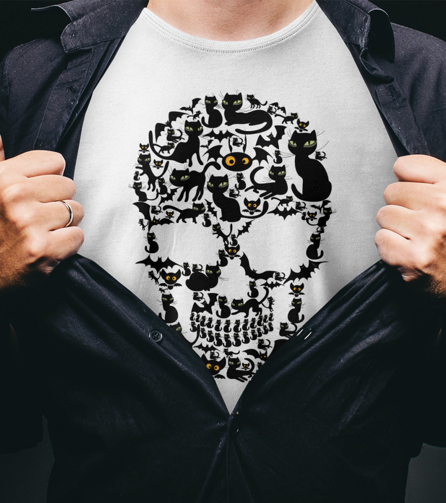 Cat Skull Halloween Black Cats And Bats T-Shirt