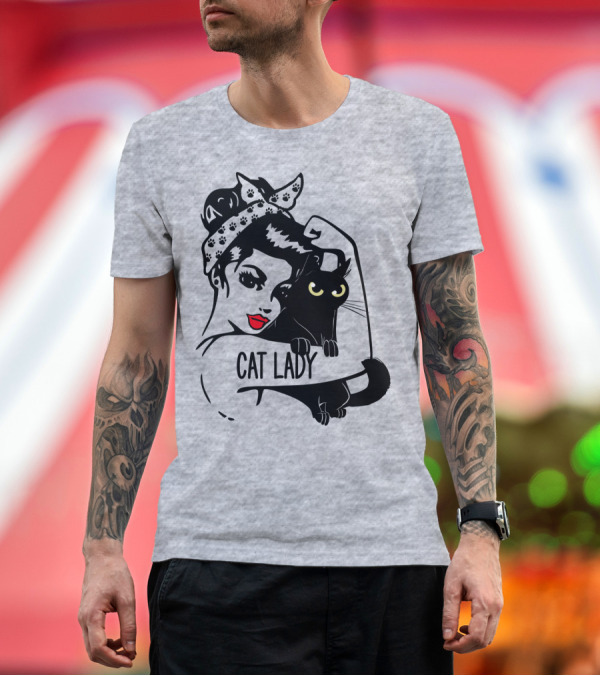 Premium T-Shirt: Cat Lady Retro Style with Black Cat and Polka Dot Bandana T-Shirt Cat Lady Retro Style with Black Cat and Polka Dot Bandana T-Shirt