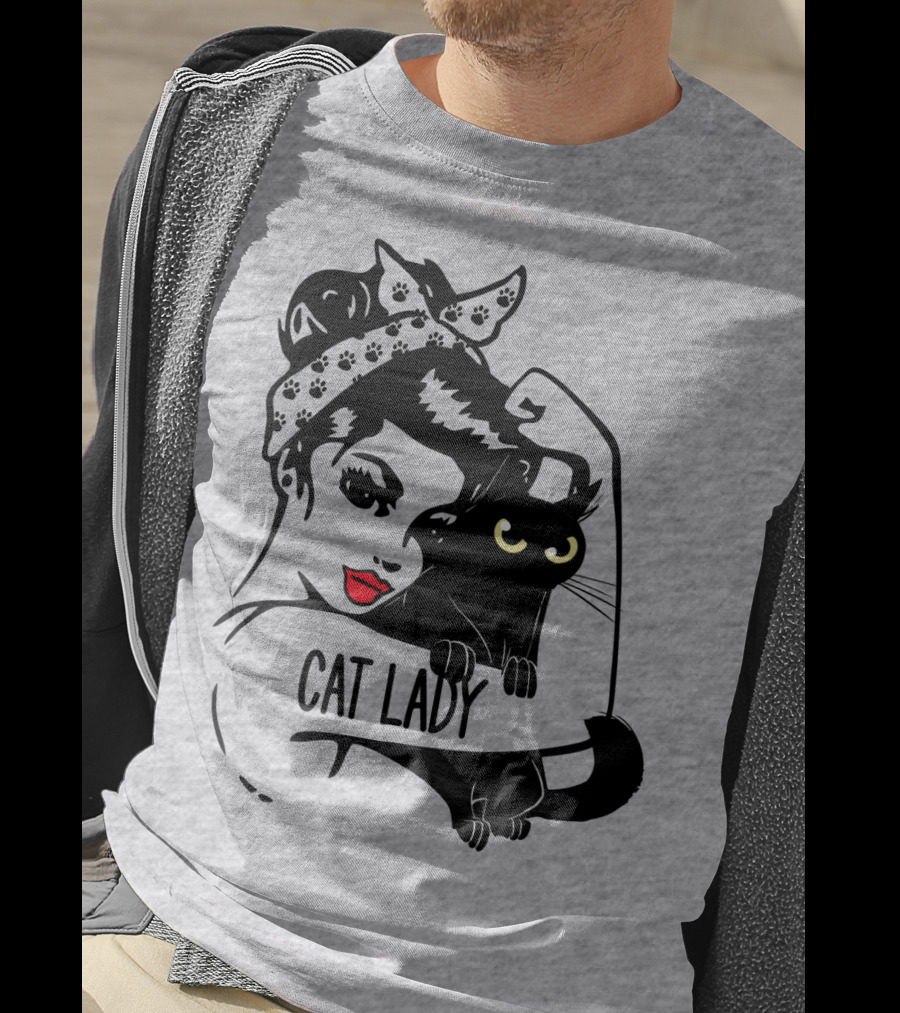Cat Lady Retro Style With Black Cat And Polka Dot Bandana T-Shirt