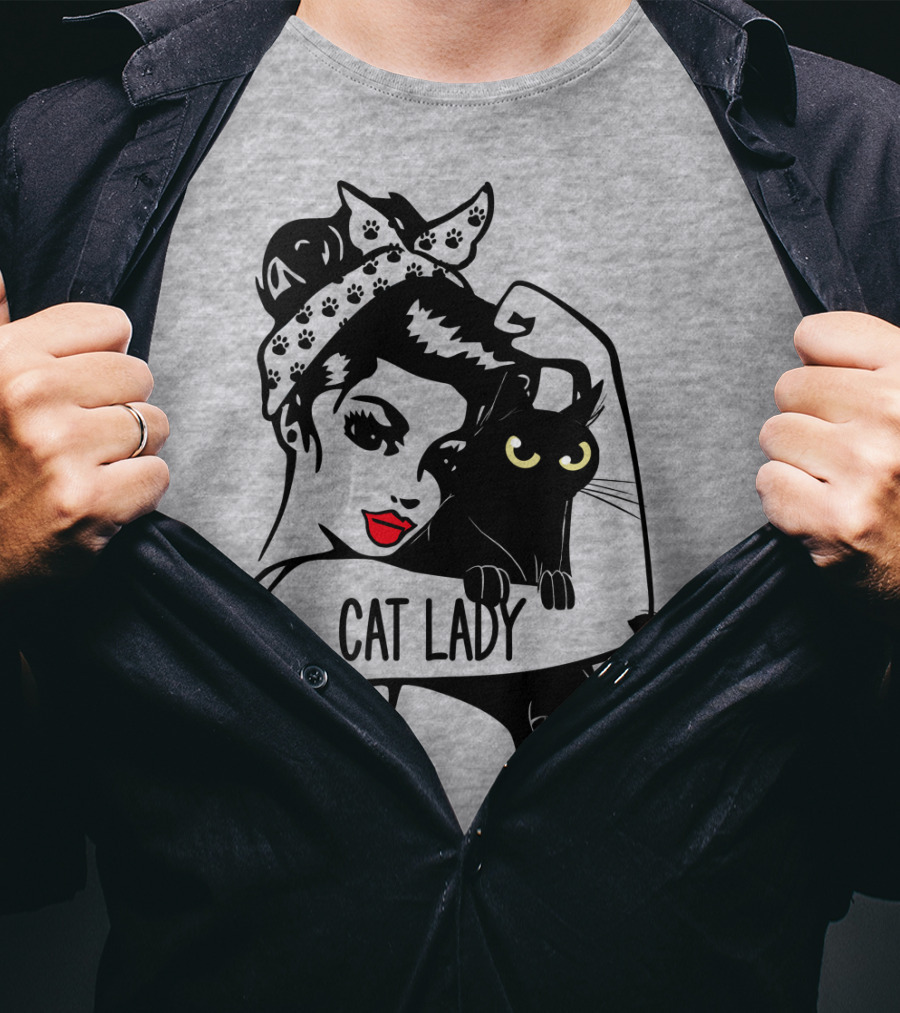 Cat Lady Retro Style With Black Cat And Polka Dot Bandana T-Shirt