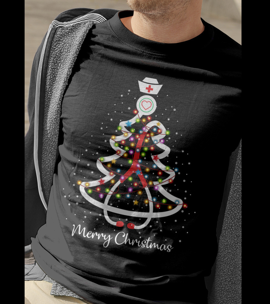 Merry Christmas Nurse Tree With Lights And Red Cross Hat T-Shirt