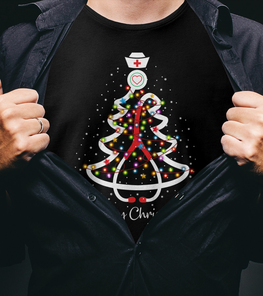 Merry Christmas Nurse Tree With Lights And Red Cross Hat T-Shirt