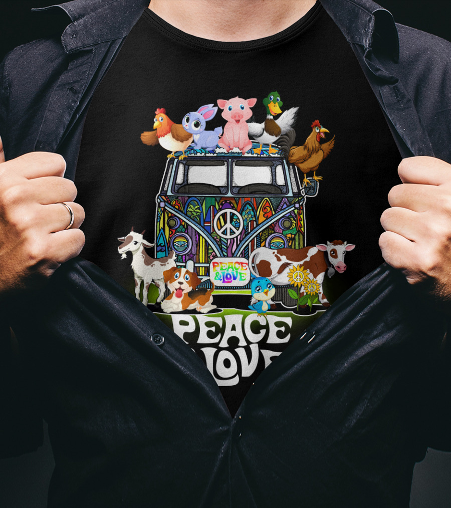 Peace And Love Farmer Animals Van With Peace Sign T-Shirt