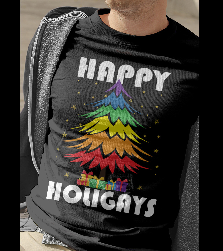 Happy Holigays Rainbow Christmas Tree And Presents T-Shirt