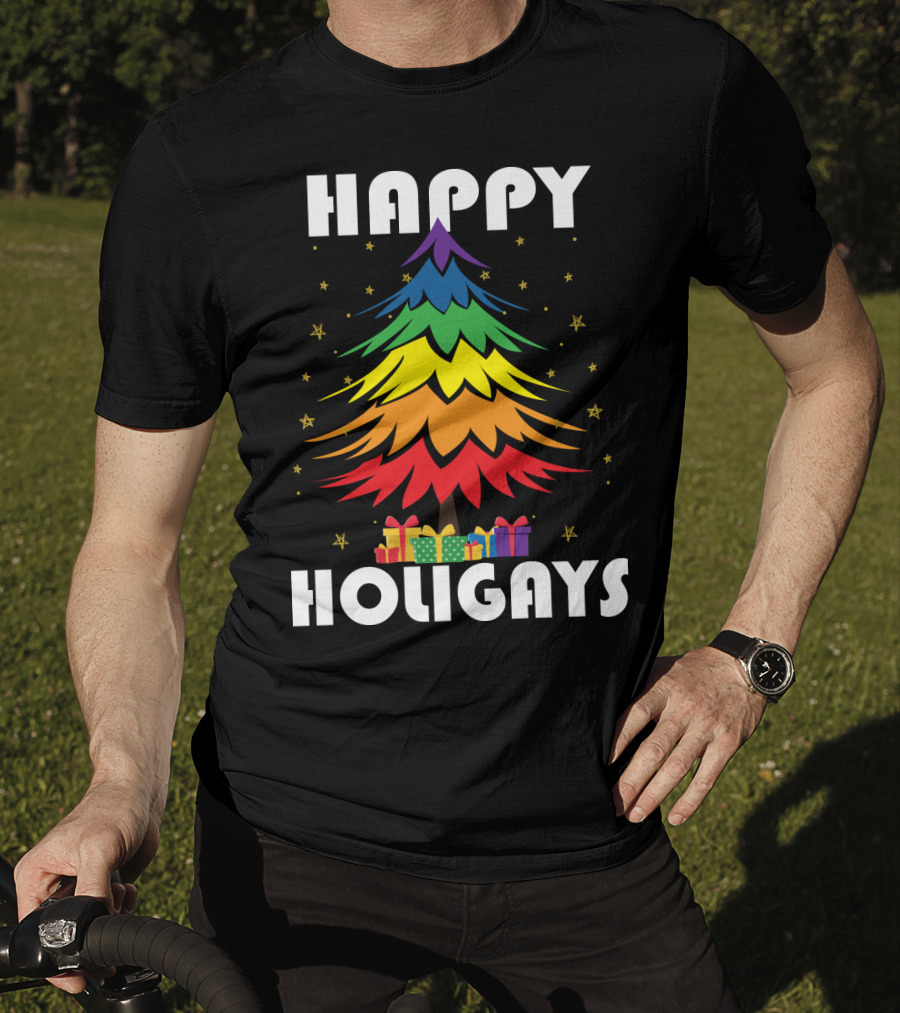Happy Holigays Rainbow Christmas Tree And Presents T-Shirt