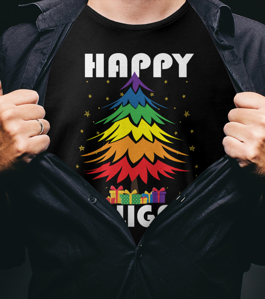 Happy Holigays Rainbow Christmas Tree And Presents T-Shirt