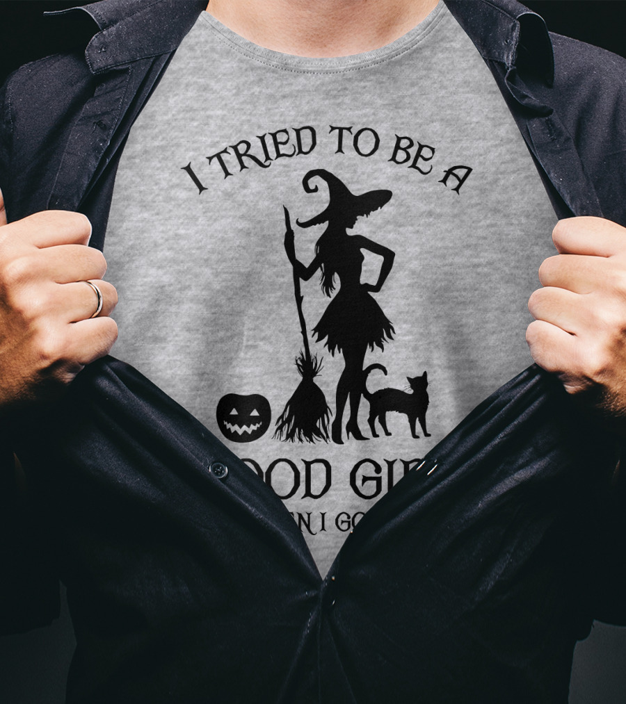 I Tried To Be A Good Girl But Then I Got Bored Witch Cat Pumpkin Broom T-Shirt
