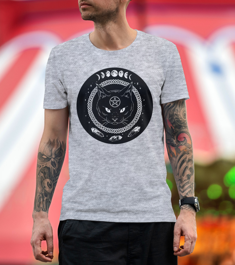 Cat Moon Magic Pentacle Phases Crystals Lunar Cycle T-Shirt