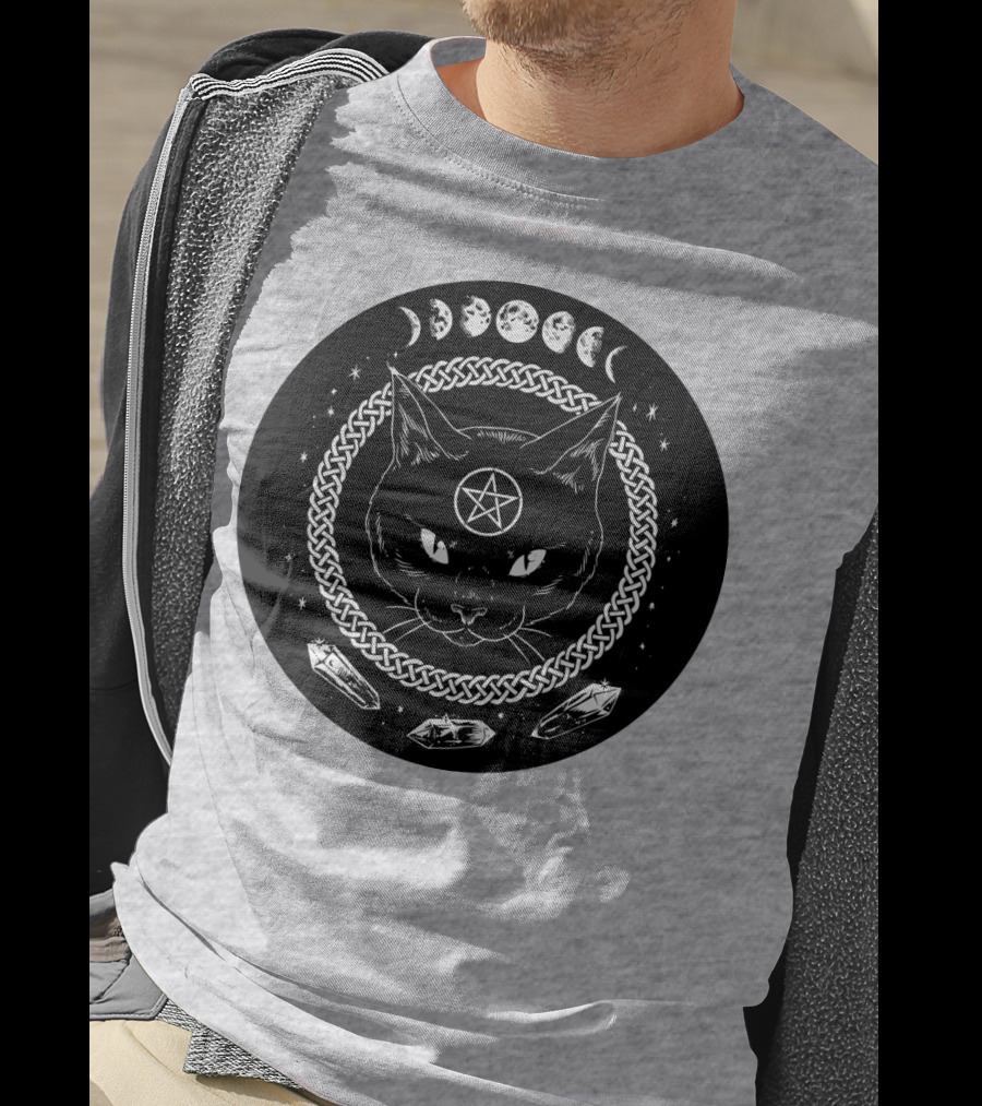 Cat Moon Magic Pentacle Phases Crystals Lunar Cycle T-Shirt