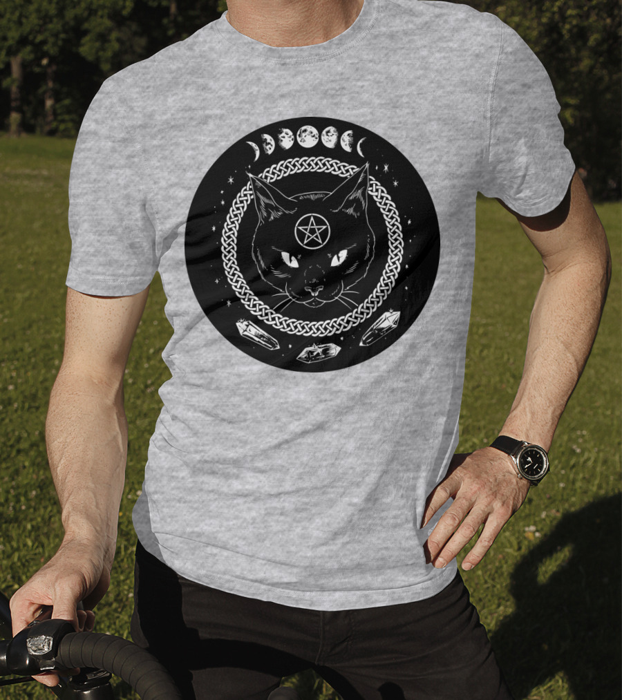 Cat Moon Magic Pentacle Phases Crystals Lunar Cycle T-Shirt