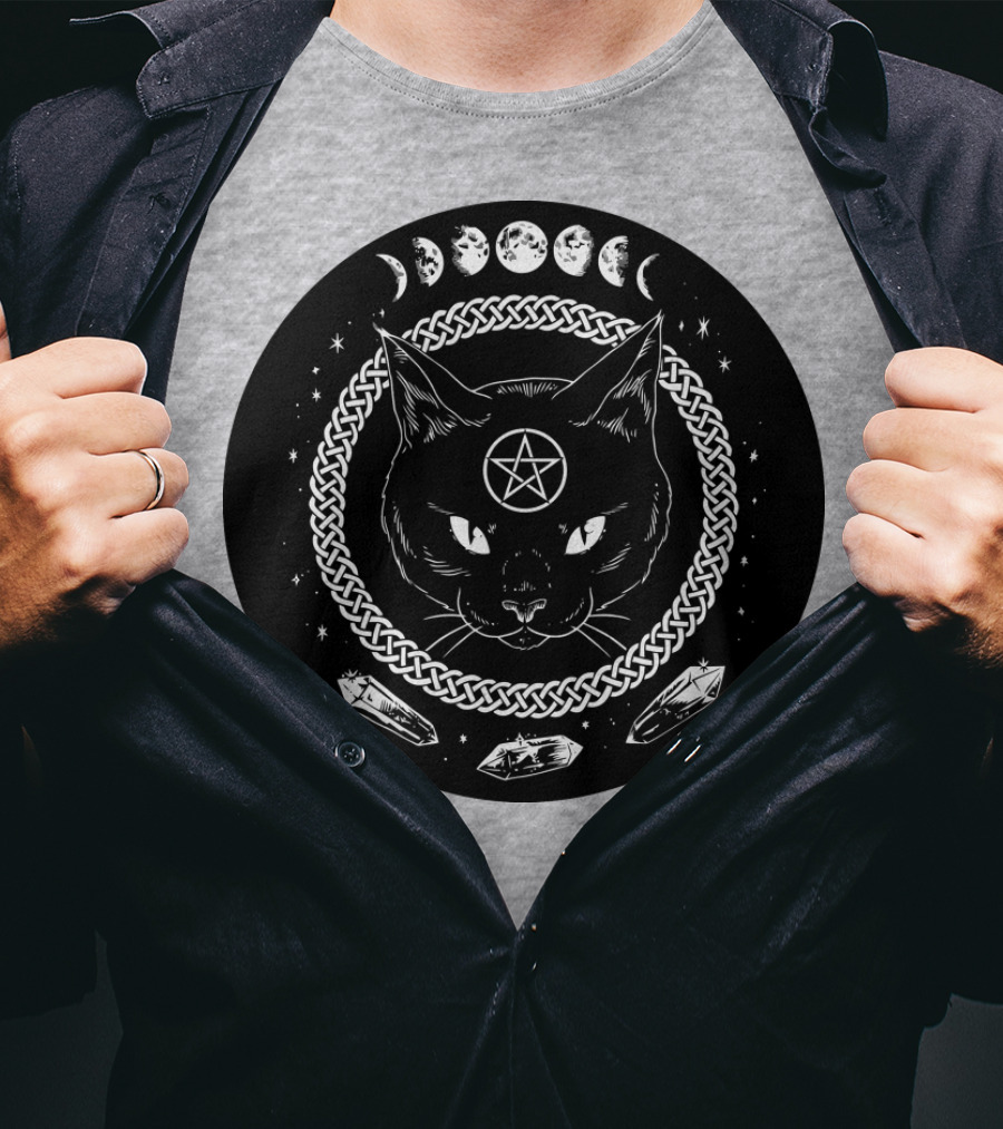 Cat Moon Magic Pentacle Phases Crystals Lunar Cycle T-Shirt