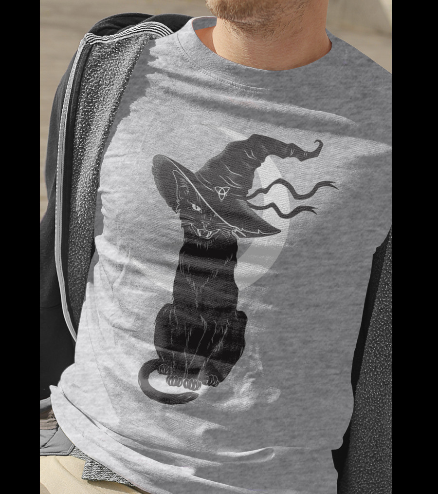 Cat Witch With Crescent Moon And Magic Hat T-Shirt