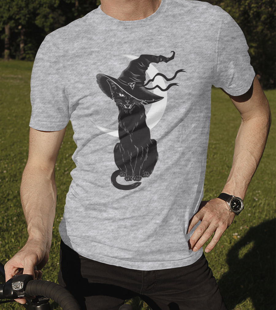 Cat Witch With Crescent Moon And Magic Hat T-Shirt