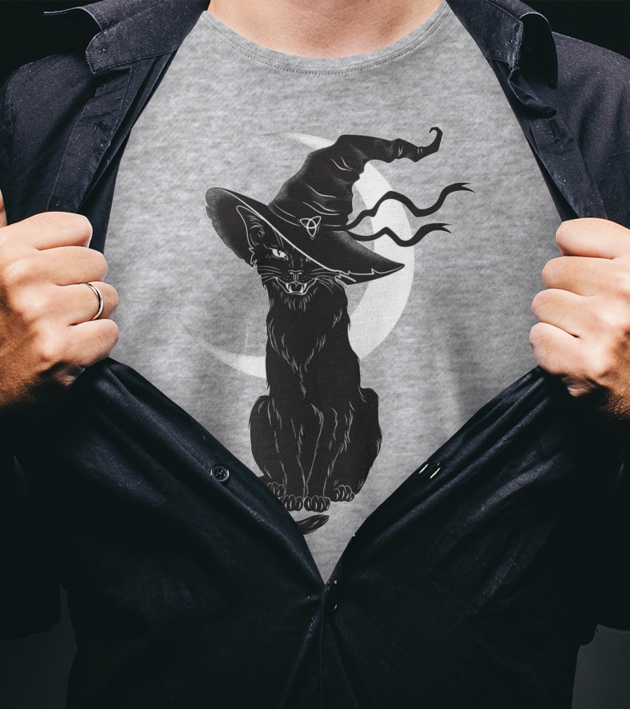 Cat Witch With Crescent Moon And Magic Hat T-Shirt