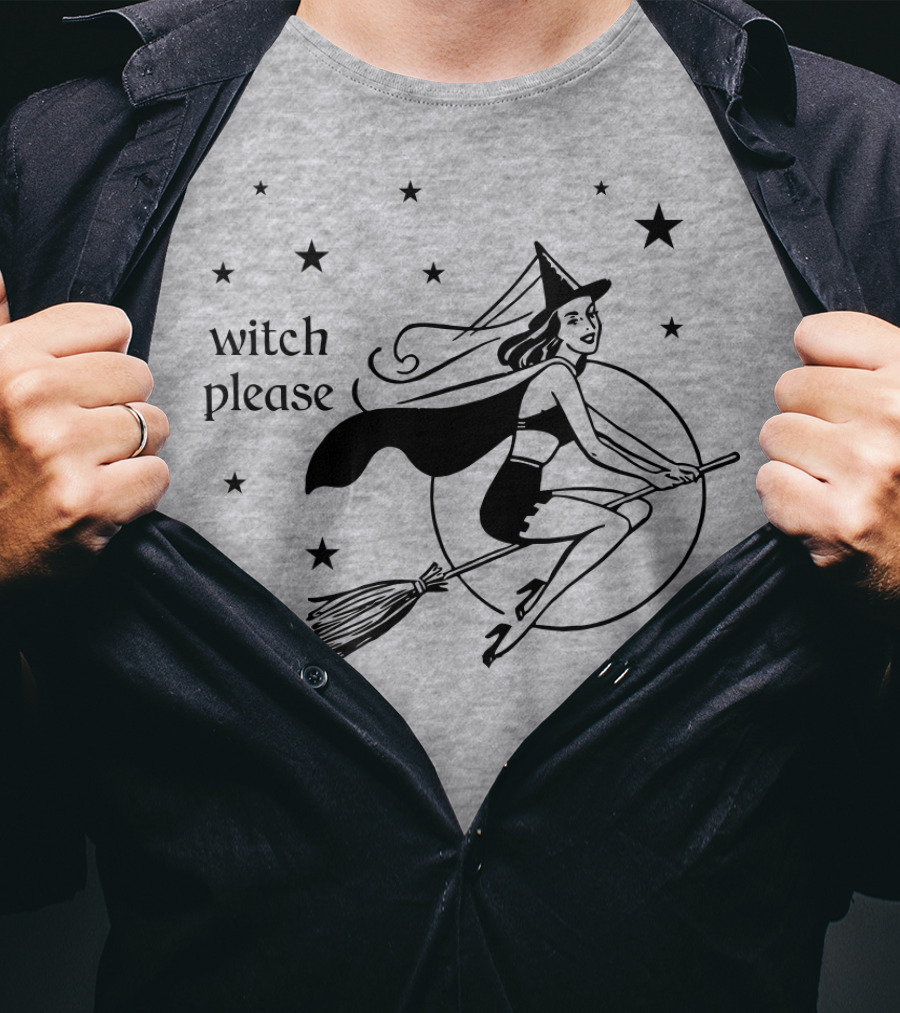 Witch Please Vintage Flying Witch Broomstick Moon Stars T-Shirt
