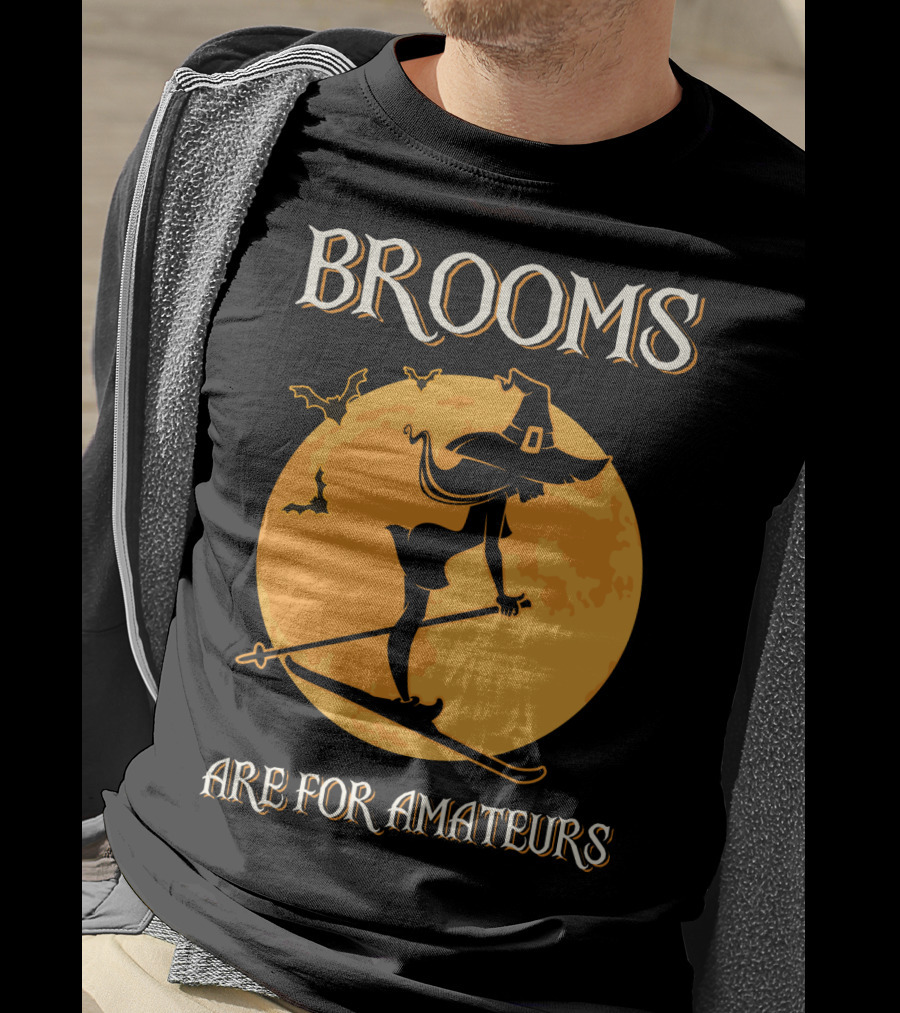 Brooms Are For Amateurs Witch Skiing Silhouette Halloween Moon T-Shirt