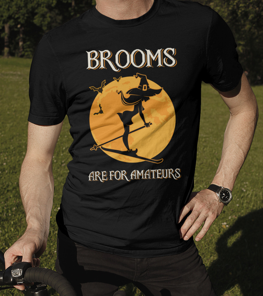Brooms Are For Amateurs Witch Skiing Silhouette Halloween Moon T-Shirt