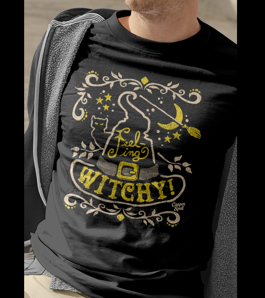 Feeling Witchy Casper Spell Moon Stars Cat Broomstick Hat T-Shirt