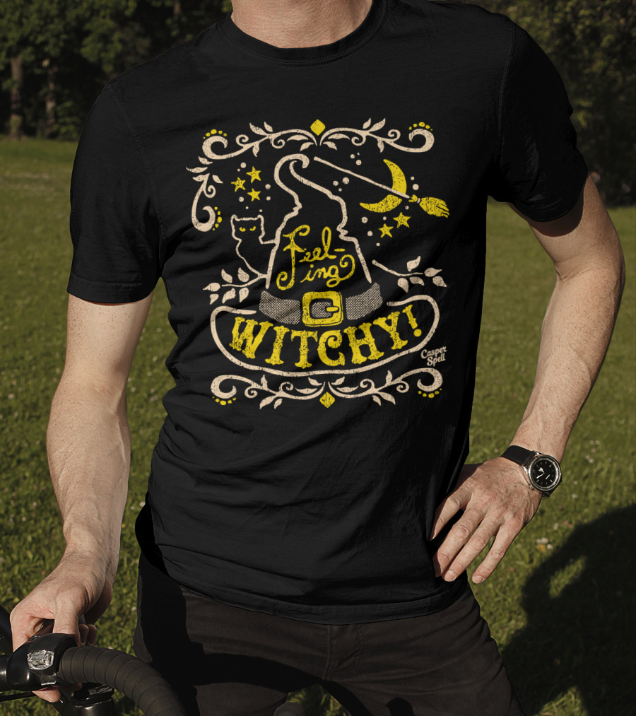 Feeling Witchy Casper Spell Moon Stars Cat Broomstick Hat T-Shirt