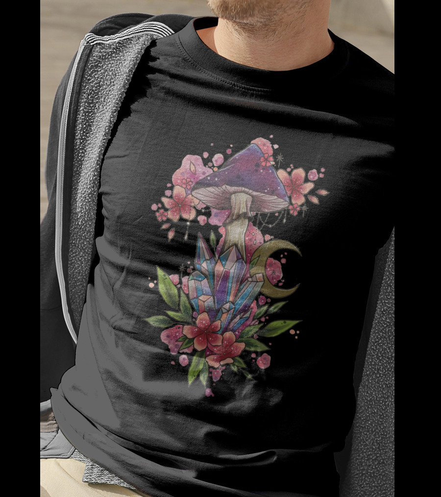 Mushroom Magic Crystal Moon Blossoms With Celestial Floral Accents T-Shirt
