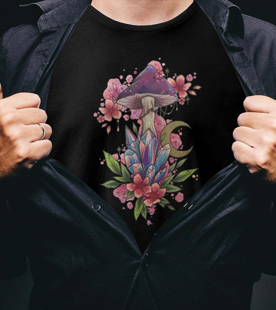 Mushroom Magic Crystal Moon Blossoms With Celestial Floral Accents T-Shirt