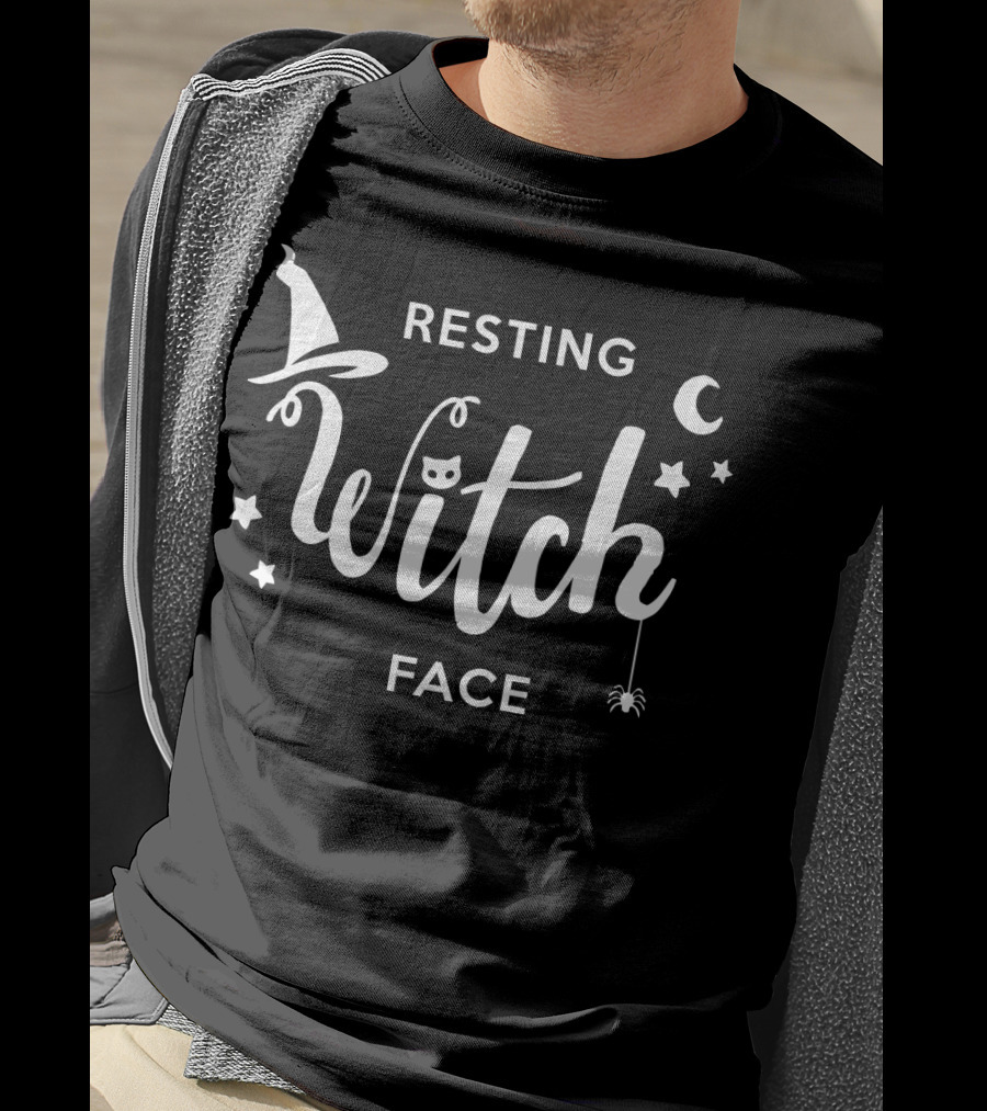 Resting Witch Face Hat Stars Moon Spider Cat T-Shirt