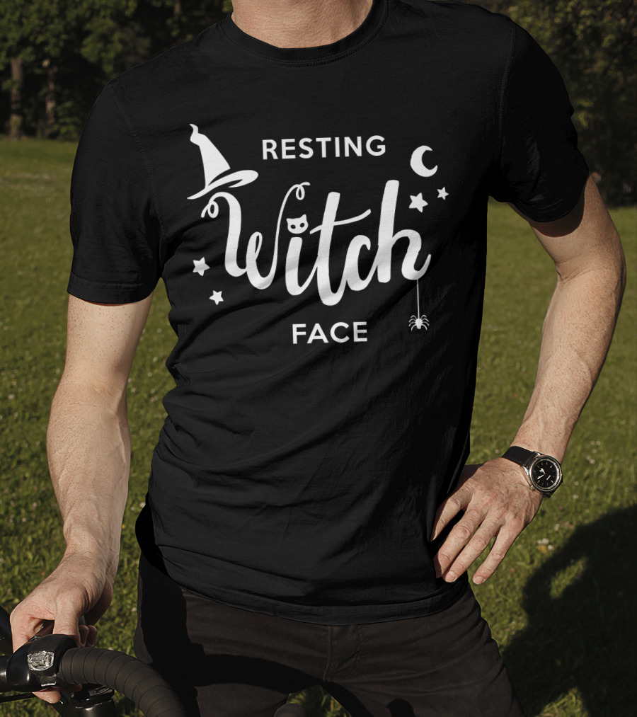 Resting Witch Face Hat Stars Moon Spider Cat T-Shirt