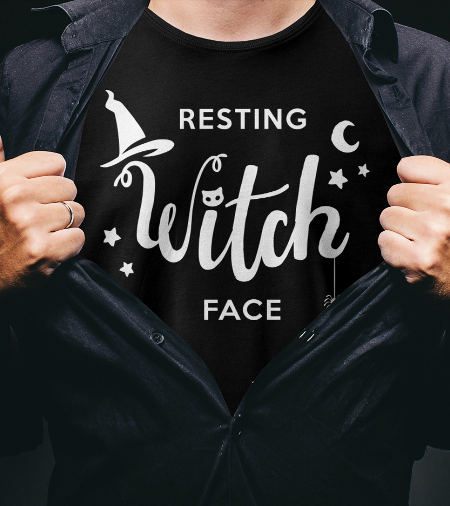 Resting Witch Face Hat Stars Moon Spider Cat T-Shirt