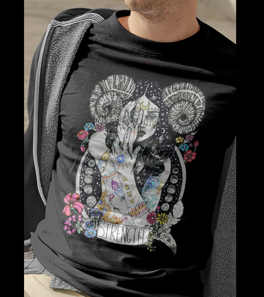 Strength Zodiac Goddess With Symbols And Flowers T-Shirt