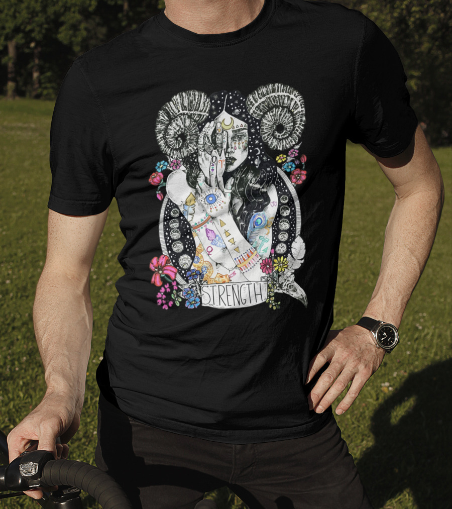 Strength Zodiac Goddess With Symbols And Flowers T-Shirt
