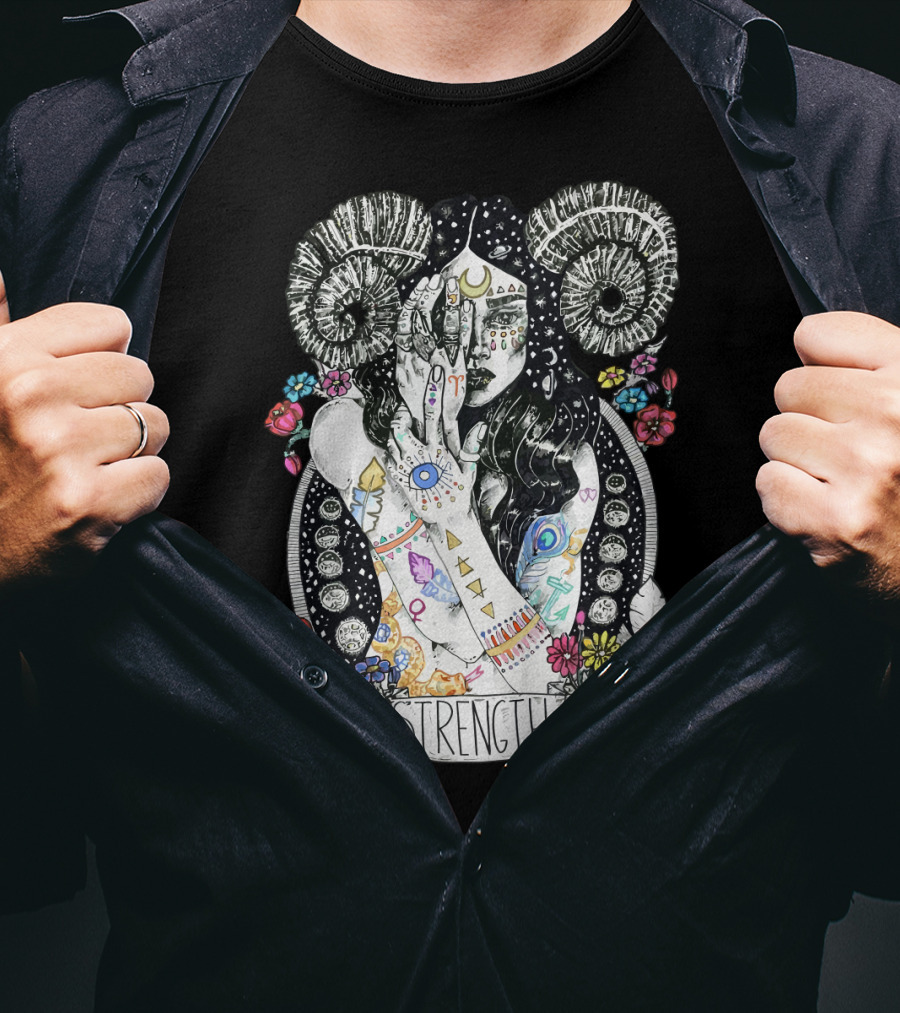 Strength Zodiac Goddess With Symbols And Flowers T-Shirt
