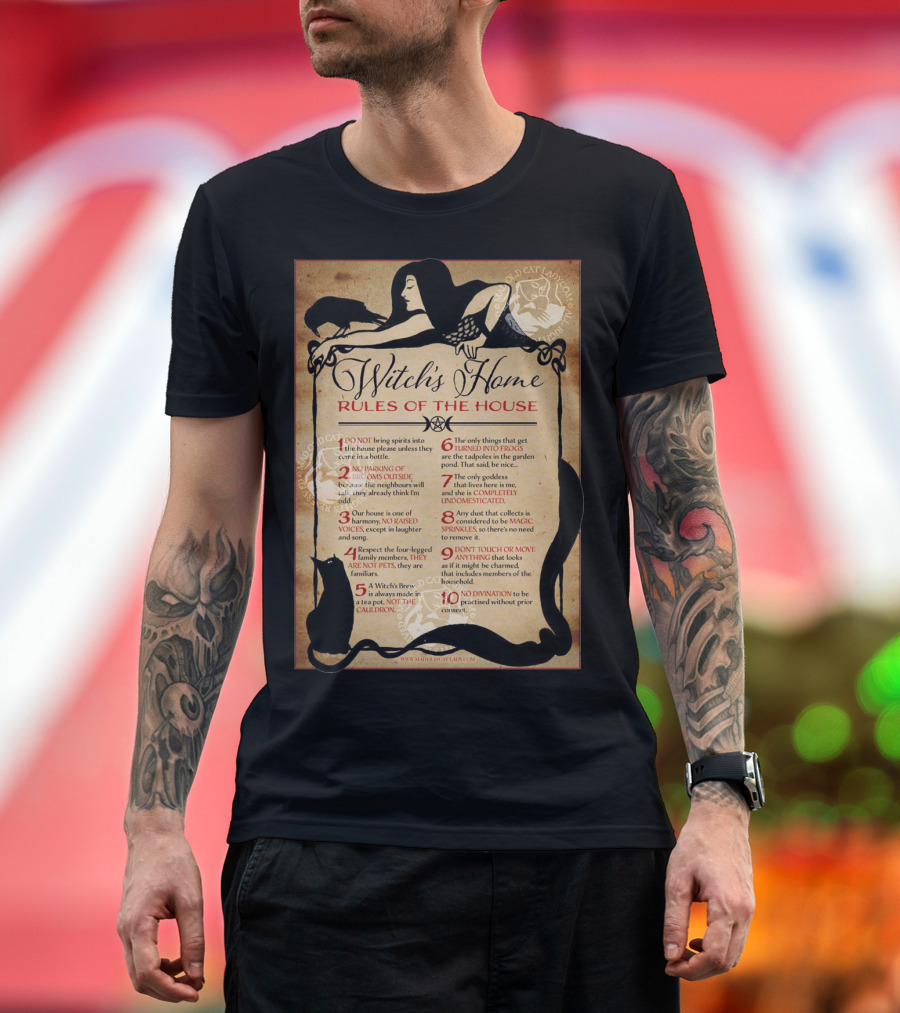 Witch's Home Rules Of The House Guide With Black Cat, Raven, Potion, Magic, and Enchanting Text Elements T-Shirt