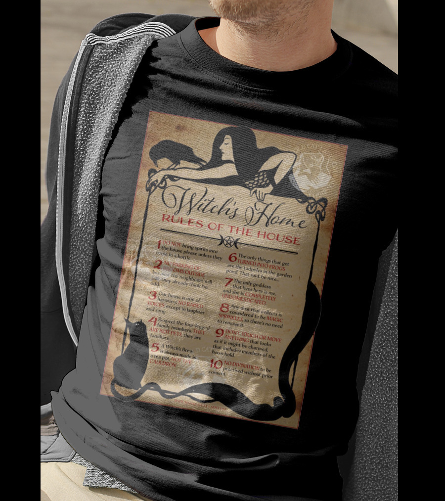 Witch's Home Rules Of The House Guide With Black Cat, Raven, Potion, Magic, And Enchanting Text Elements T-Shirt