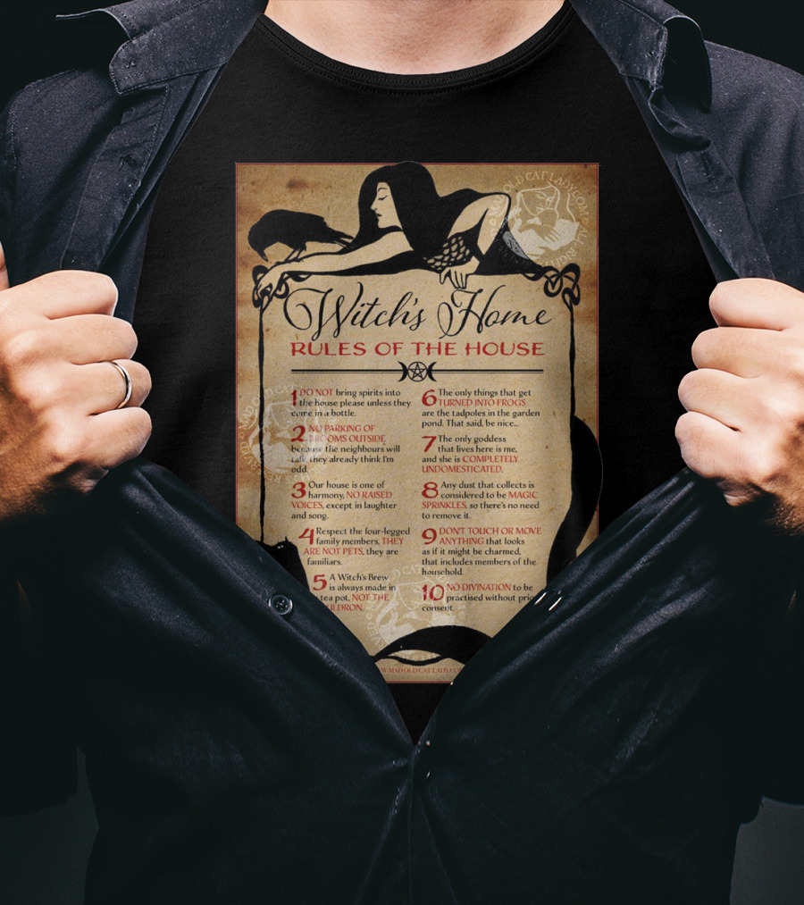 Witch's Home Rules Of The House Guide With Black Cat, Raven, Potion, Magic, And Enchanting Text Elements T-Shirt