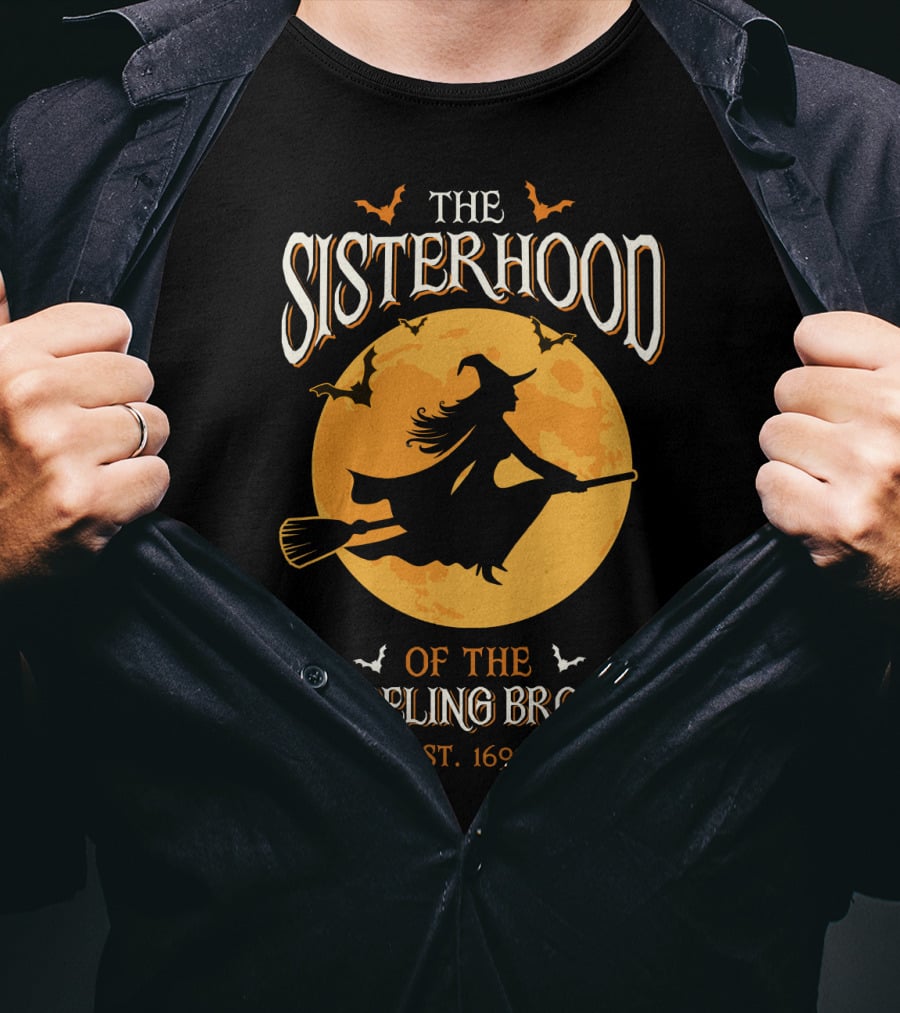 The Sisterhood Of The Traveling Brooms EST 1692 Halloween Witch And Full Moon T-Shirt