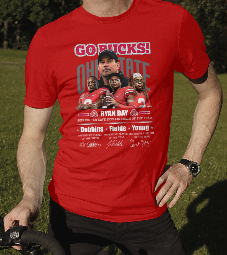 Go Bucks Ohio State Ryan Day Dave Mcclain Coach Of The Year Dobbins Fields Young Big Ten Players T-Shirt