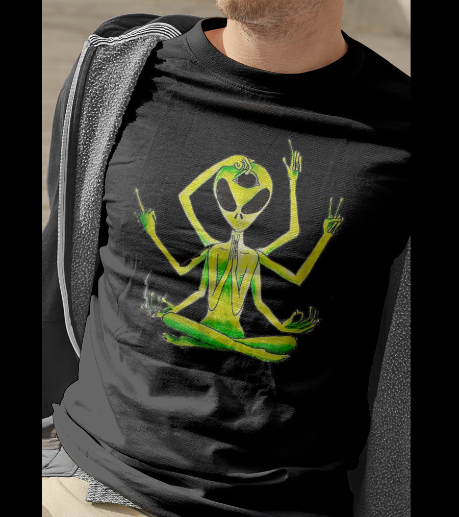 Alien Third Eye Meditation Yoga Pose With Multiple Arms T-Shirt