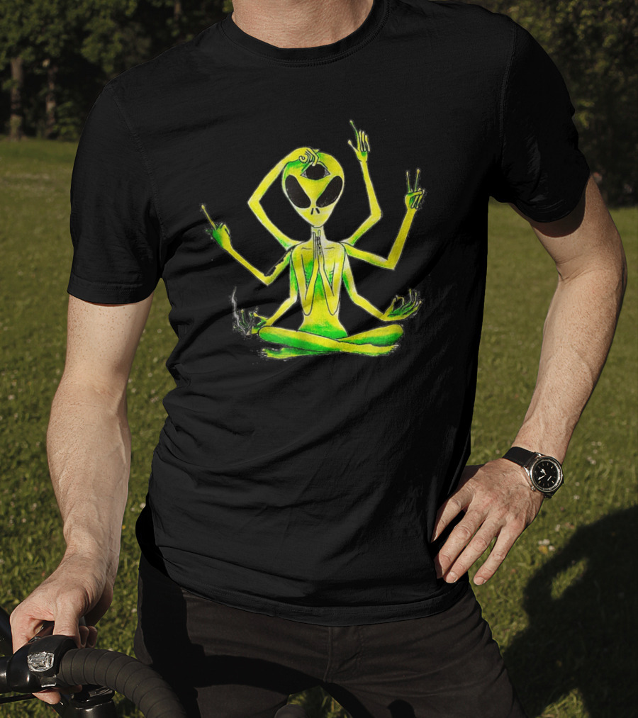 Alien Third Eye Meditation Yoga Pose With Multiple Arms T-Shirt