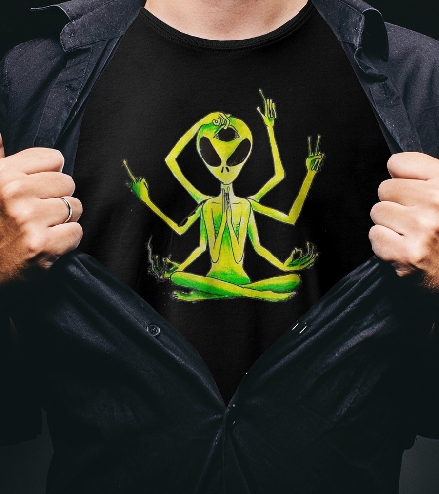 Alien Third Eye Meditation Yoga Pose With Multiple Arms T-Shirt